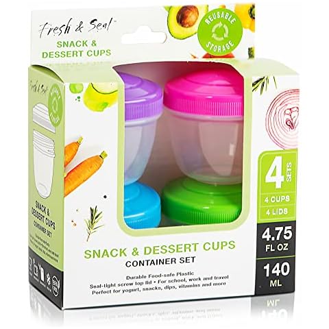 Snack Containers (4 Set) - 4.75 Oz Small Food Storage Cups with Lids - Fruit, Nuts, Sauce, Condiments, Salad Container for Lunch Box - Reusable Dessert Cups, Microwave and Freezer Friendly, BPA-free Cover