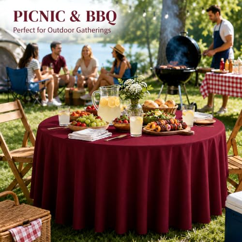 Image of WNINK 2 Pack Burgundy Round Tablecloth, 84 Inch Disposable Plastic Table Covers, Burgundy Round Table Cover for Wedding, Bridal Shower, Anniversary, Holiday, Banquet Party Supplies