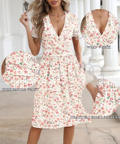 Image of NILOUFO Women's Summer Short Sleeve Casual Dress Wrap V Neck Party Midi Dresses with Pockets