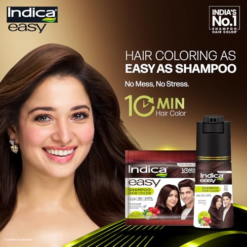 Image of Indica Easy Do-It-Yourself Hair Color Shampoo Pump Pack with 5 Herbal Extracts and 100% Ammonia Free, Long Lasting Formula, 180 ML - Natural Brown Colour (Gloves Included)