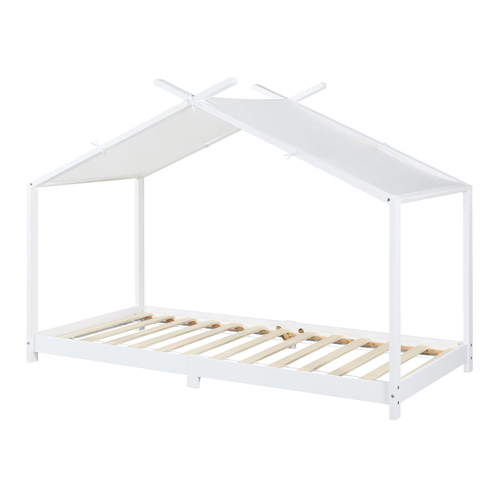 [en.casa] Kinderbett Brome Hausbett 90 x 200 cm Jugendbett Bettenhaus mit Lattenrost und Abnehmbarem Stoffdach Montessori Bett aus massiver Kiefer Bettgestell Holz Weiß