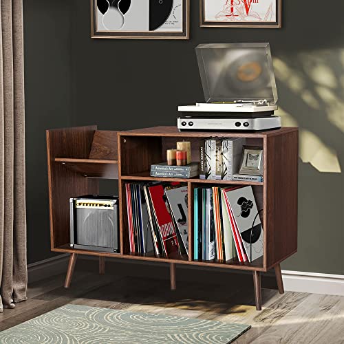Image of QHITTY Record Player Stand, Mid-Century Modern Vinyl Record Storage Cabinet Table with Wood Legs, Turntable Stand Record Holder Holds Up to 300 Albums for Living Room, Bedroom