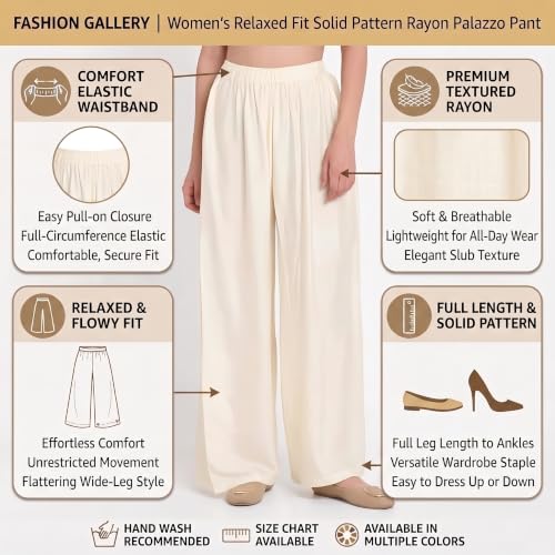Image of FASHION GALLERY Women's Solid Rayon Palazzo Pants | Relaxed Fit Full Length Wide Leg Palazzo | Elastic Waist Comfortable Casual Lounge Office Ethnic Flared Trousers for Women