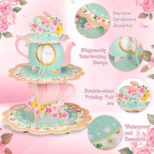 Zopeal 5 Pcs Floral Tea Cupcake Stand Party Decorations 3 Tier Teas Cupcake Holder 2 Tea Birthday Cake Holder 2 Flower Teapot Cake Serving Tray for Teas Party Birthday Baby Shower Wedding Supplies - Image 3