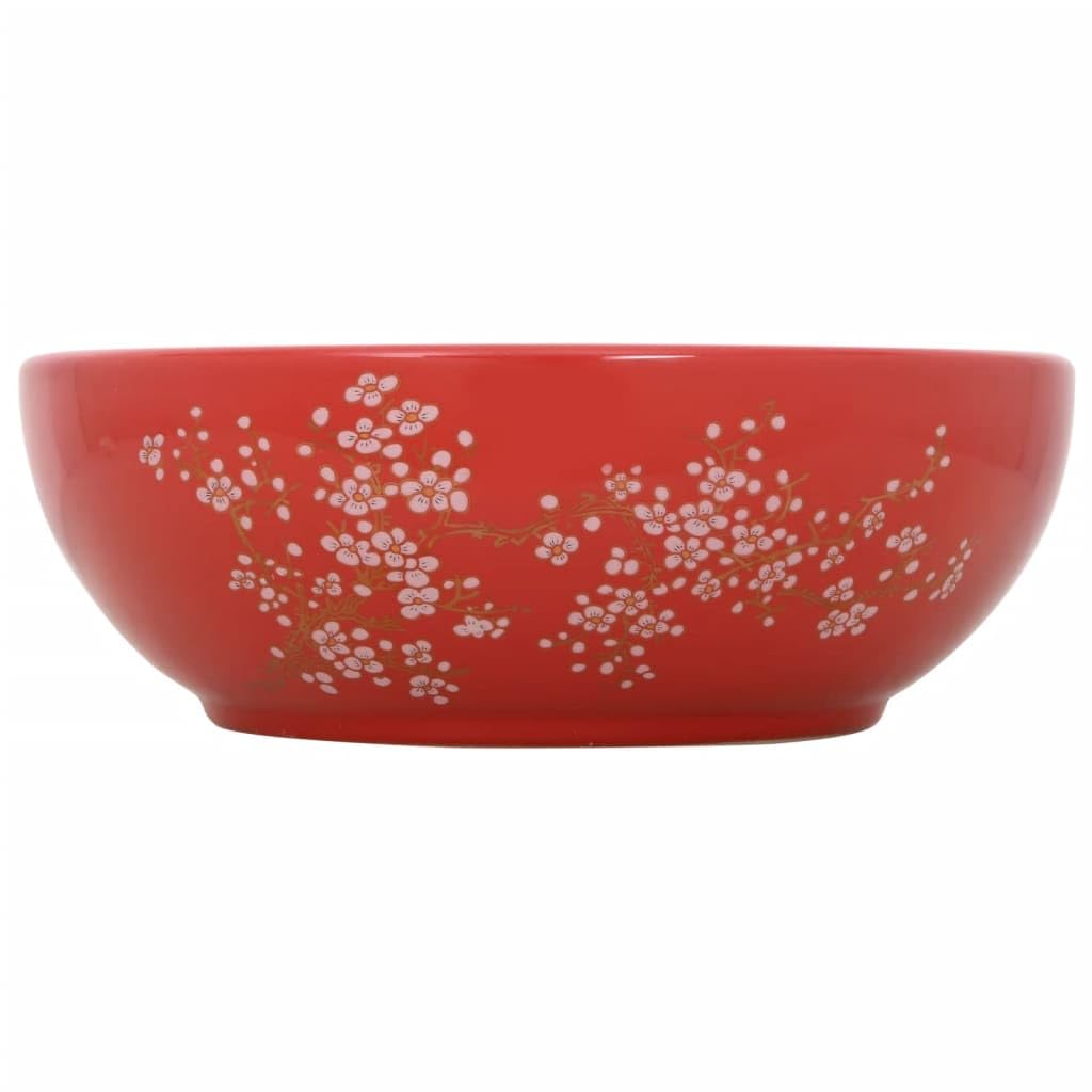 vidaXL Countertop Basin, Bathroom Sink for Above Counter, Wash Basin for Lavatory Cloakroom Office, Vessel Sink, White and Red Round Ceramic