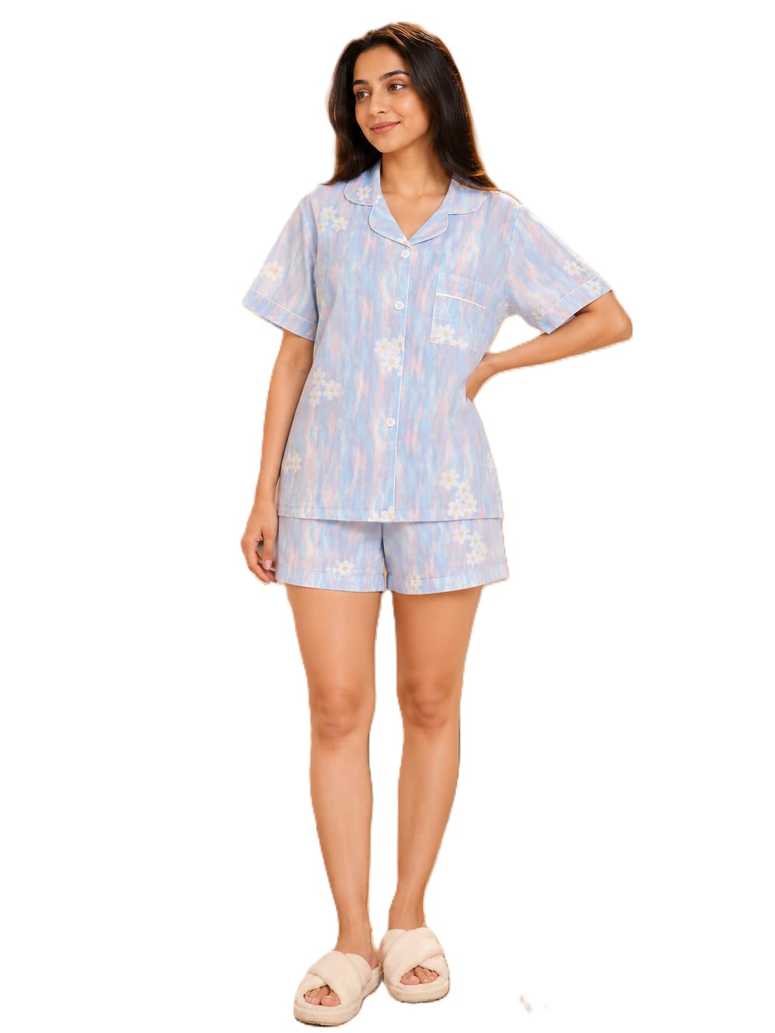 Women's Pajama Set, Blue, Floral, Cotton Blend, 3 Piece-picture-52