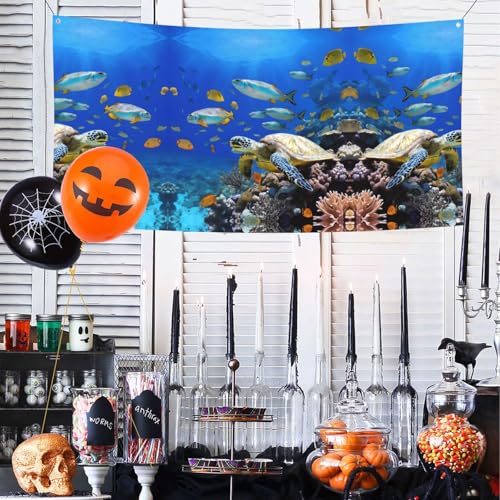 MINDBBDFJ Sea Turtle With Fishes Print Banners And Signs For Outdoor/Indoor,Personalized Banner Customizable Parties Halloween Banner (180x90cm)2