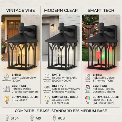 Luminaria para porche exterior moderna impermeable IP44 con base E26 y estructura negra resistente 3