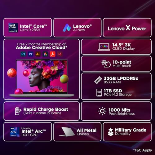 Image of Lenovo Yoga Pro 7 Aura Edition Intel Evo Core Ultra 9 285H (32GB RAM /1TB SSD /14.5 inch (36.8cm) /3K OLED Touchscreen /AI PC /Copilot+ PC /Windows 11 /Office Home 2024 + Lenovo AI Now /Grey /1.5Kg), 83KF004CIN