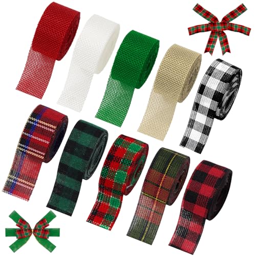 Whaline 10 Rolls 50 Yards Christmas Burlap Ribbon Rolls 1 Inch Wired Plaid Wrapping Ribbons Xmas Decorative Ribbon for Wreath Bow Gift Decor