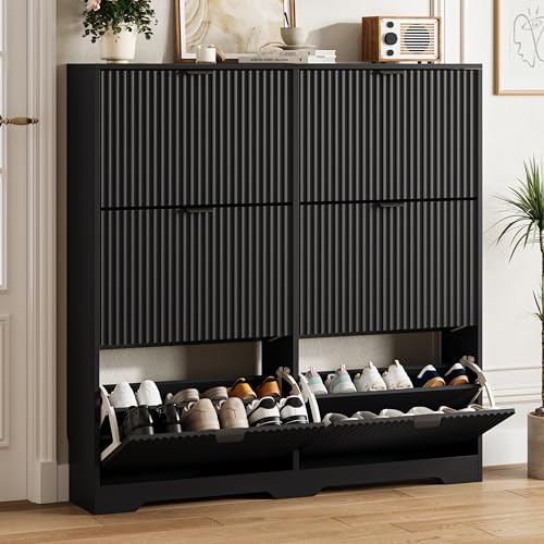 Image of HUANLEGO Shoe Cabinet Storage for Entryway with 6 Flip Drawers, Black Fluted Shoe Cabinet with Adjustable Shelves, Wooden Hidden Shoe Rack Freestanding Narrow Slim Shoes Storage for Hallway, Entrance