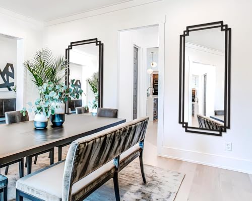 Image of 30 inch x 59 inch Large Wall Mirror for Decor, Black Decorative Mirror with Irregular and Rectangular Metal Frame, Black Large Bathroom Mirror Above Sink, Hang Vertically or Horizontally