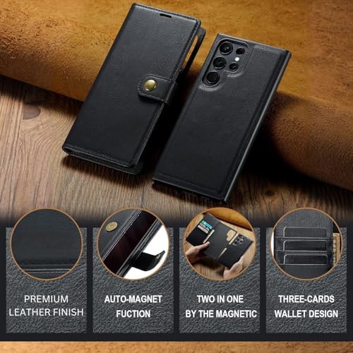 Image of Scalebee BackCover for Samsung Galaxy S23 Ultra Magnetic Detachable 2 in 1 Split Leather Wallet Phone Cover,Genuine Leather Wallet Case,Magnetic Pouch Shell (Black)