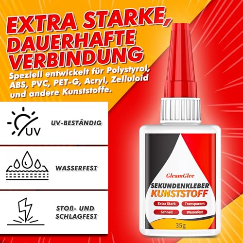 Kunststoffkleber 35g, Extra stark Spezialkleber Kunststoff, wasserfest, hitzebeständig & transparent Plastik Sekundenkleber für Kunststoff, Acrylglas, Modellbau