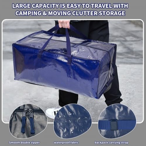 Focenat 4 Stück 92L Aufbewahrungstasche mit Griffe, Aufbewahrung Groß,Tragetasche mit Reißverschlüssen und Etikettentasche,Umzugstaschen mit Rucksackgurten für Camping Kleidung Aufbewahrung Blau