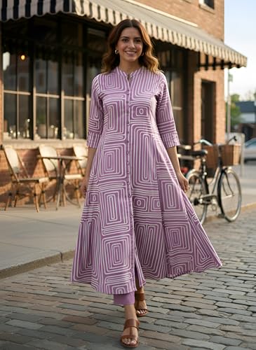 Image of Yash Gallery Women's Cotton Printed A-Line Kurta with Pant Set |Lilac Geometric Print|Mandarin Collar, Front Buttons & Short Roll-Up Sleeves|Casual & Office Ethnic Wear
