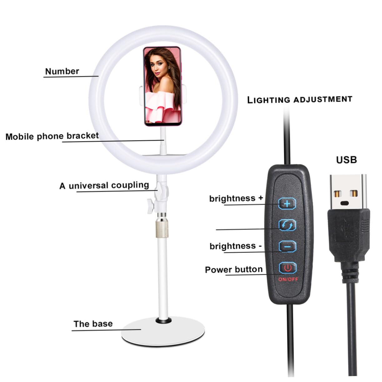 Gatuida Lampada Selfie LED Supporto Regolabile in Ferro e Plastica da 10 Pollici Luce Bianca Alimentazione USB e Risparmio Energetico per Live Streaming per Fotografia e Video