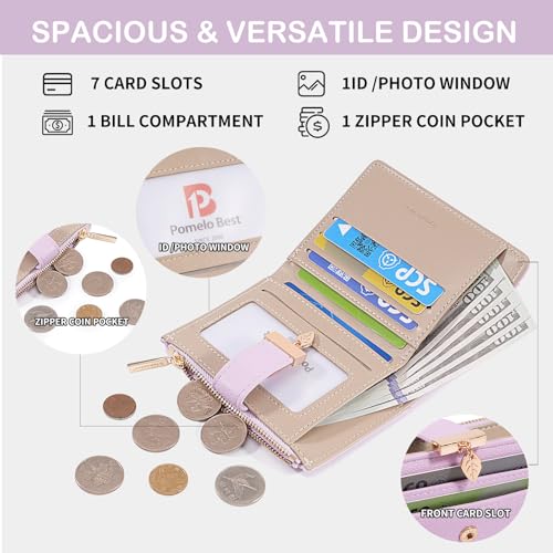 Image of Pomelo Best Wallet Women Bifold Leather Wallets for Women Credit Card Holder with ID Window Zipper Coin Pocket Light Purple
