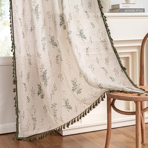 Image of MYSKY HOME Linen Boho Floral Curtains 96 inch Long 2 Panels Green Tassels Leaf Printed Rustic Country Light Filtering Semi Sheer Curtains for Living Room Bedroom, 52 inch Wide Each Panel