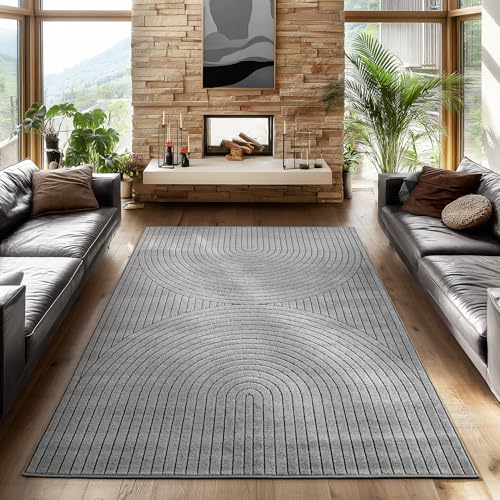 SIMPEX Outdoor Teppich Wetterfest, Wohnzimmer, Schlafzimmer, Wintergarten, Kurzflor Grau, Hoch-Tief-Effekt, weich & waschbar, Outdoor geeignet, 120x170 cm