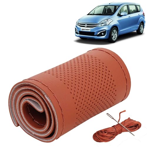 Image of KINGSWAY PU Leatherite Car Steering Cover Sewable Compatible with Maruti Suzuki Ertiga (Year 2016-2018), Tan Color with Tan Thread, Pack of 1 with Sewing Needle and Thread