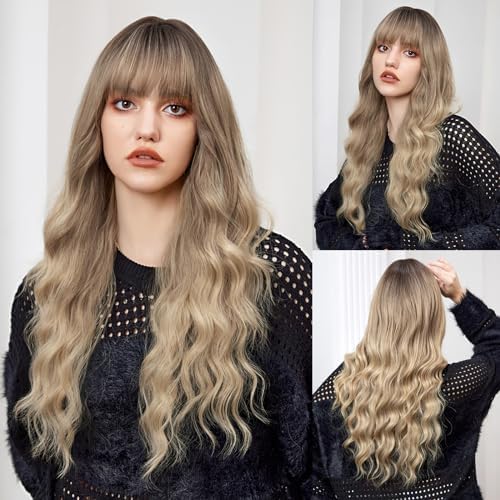 YOUGRACE Dirty Blonde Wig with Bangs Long Wavy Ombre Wigs