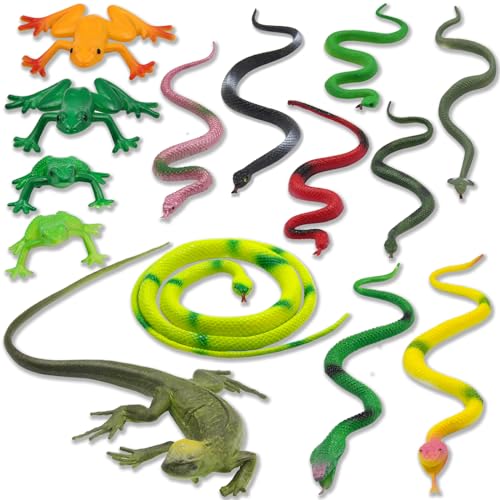Pinowu 14Stk Realistisch Gummi Schlangentiere, 1 Eidechse 4 Frosch Spielzeug 9 Falsche Schlangen Sortiert für Garten Vögel erschrecken Halloween Gefälligkeiten der Partei