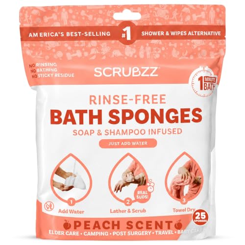 Scrubzz Disposable No Rinse Bathing Wipes - 25 Pack - All-in-1 Single Use Shower Wipes, Simply Dampen, Lather, and Dry Without Shampoo or Rinsing (Peach, 1-Pack)