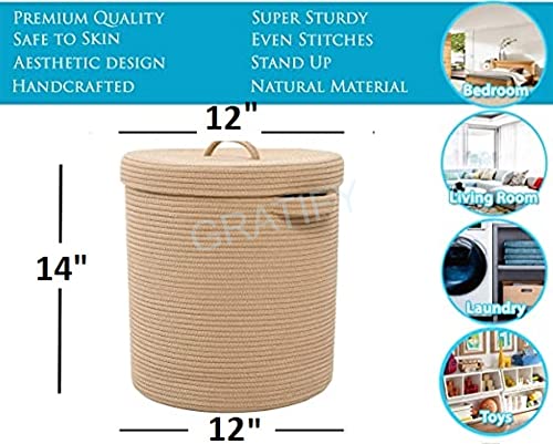 Image of GRATIFY Mansa Traders 12 inch X 12 inch X 14 inch Large Round Storage Basket With Lid, Cotton Rope Storage Baskets, Laundry Hamper, Brown Stiches With Cover