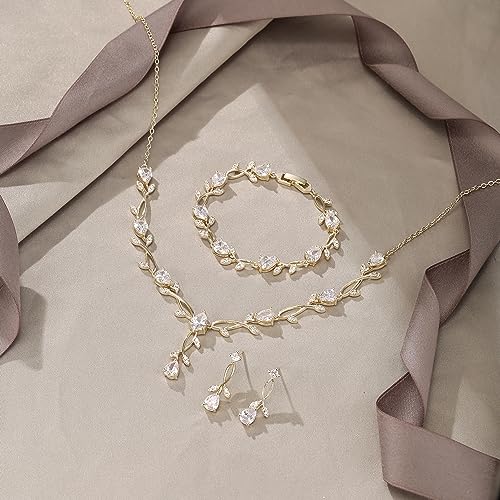 Image of EVER FAITH Cubic Zirconia Pearl Leaf Bridal Jewelry Set for Bride Women
