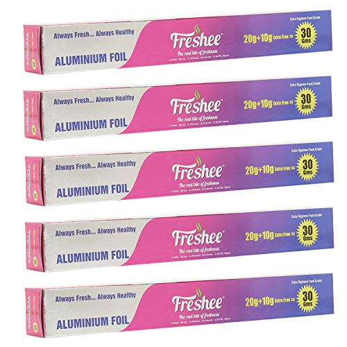 Image of Freshee 30gm Disposable Silver Foil Roll Pack of 5, 11 Micron Thick Aluminium Foil for Food Wrapping Delivery & Oven Baking