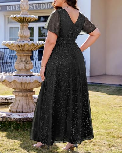 Image of Talisea Plus Size Formal Dresses - V Neck Flutter Sleeve Glitter Prom Evening Gowns Wedding Guest Chiffon Long Maxi Dress