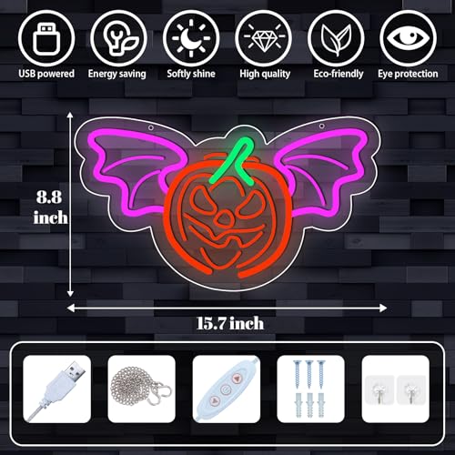 Image of ENUOLI Halloween Neon Sign Pumpkin Bat Neon Signs for Wall LED Lights Sign for Bedroom Dimmable LED Sign Neon Wall Light for Halloween Party Decoration Bedroom Bar Shops