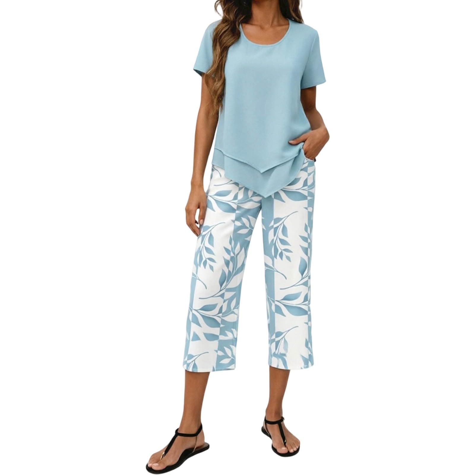 Zweiteiler Damen Sommer Elegantes Chiffon Outfit Großen Größen Elegant Zweiteiler Festliches Outfit Lässiges Zweiteiliges Hose-Set mit Asymmetrischem Schnitt Loungewear Freizeitanzug Alltags Outfits