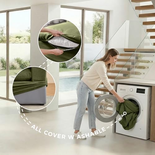 Image of Modular Sectional Sofa, 4 Seater Cloud Couch,Down Filled Comfy Cloud Modern Sofa,Green Linen Oversized Couch Cushion Covers Removable for Living Room