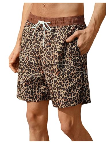 BEAUDRM Men's Leopard Swim Trunks Hawaiian Beach Shorts Cheetah Swimsuit Drawstring Waist Bathing Suit Board Shorts Brown Medium