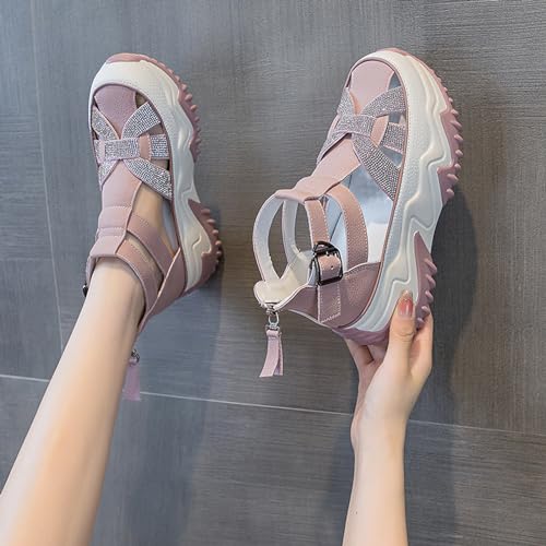 Women Rhinestone Thick-Soled Fashion Sneakers,Hollow Back Zipper Heightening Shoes Comfortable Adjustable Buckle Breathable Casual Platform Sneakers Sandals4