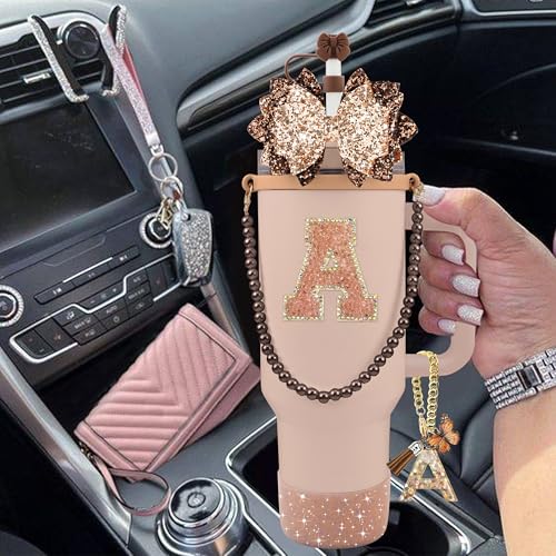 Hpebl 9PCS Brown for Stanley Cup Accessories Set Bling Initials Bow Charms for Stanley Decorations 30/40 Oz Tumbler Accessories Including Bow Straw Topper, Handle Strap, Spill Stopper（Letter A） - image 6