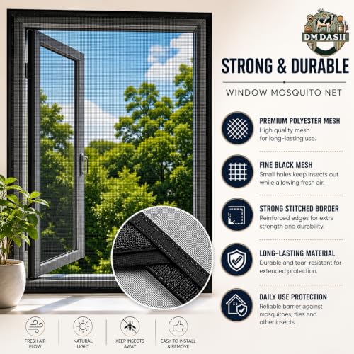 Image of DM DASII Window Mosquito Net with Self Adhesive Velcro Tape | Fiberglass Mesh Window Insect Screen | Washable Reusable Fly Bug Protection Mesh for Home | Black, 3 * 3 ft |