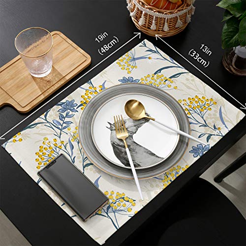 Dining Table Placemats Set Of 6(Cotton Linen),Vintage Floral Plant,Heat Resistant Non-Slip Table Mats,Yellow Blue,Indoor Outdoor Table Placemat For Holiday Banquet Kitchen Table Decor,Machine Washable #TOP5
