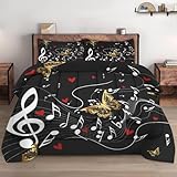 WeCozy Queen Size Comforter Set with 2 Pillowcases, Music Butterfly Musical 3 Pcs Bedding for Kids and Adults, Song Black Tone Soft Comforter Set for Bedroom Bed Decor
