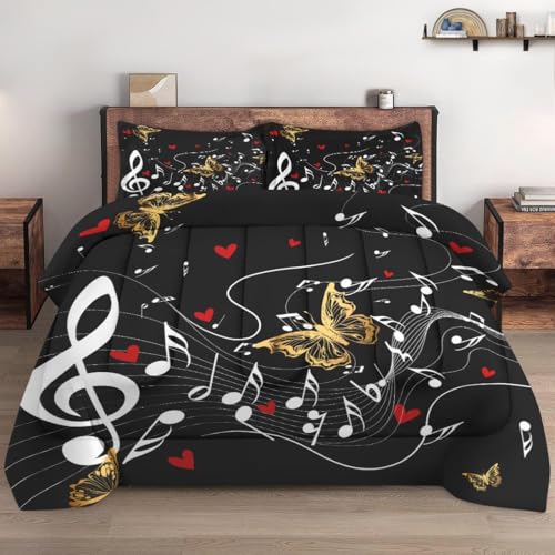 WeCozy Full Size Comforter Set with 2 Pillowcases, Music Butterfly Musical 3 Pcs Bedding for Kids and Adults, Song Black Tone Soft Comforter Set for Bedroom Bed Decor