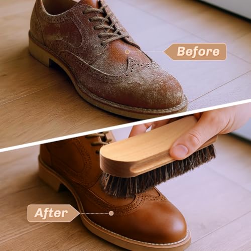 Image of 2 Pcs Horsehair Shine Shoes Brush Kit Polish Dauber Applicators Cleaning Leather Shoes Boots Care Brushes Suede Cleaner Brush(Wooden Concaved Brush)