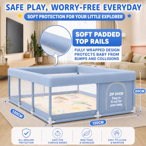 Image of MONSTECH Large Baby Playpen 120x120cm Playpen for Babies up to 5 Years with Balls, Anti-Fall Rings, Safety Lock, Breathable Mesh Playpen for Babies, Kids Activity Center (120 * 120 Blue)