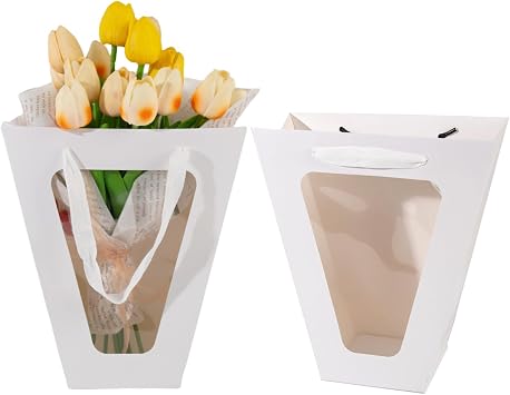 20Packs White Flower Gift Bags with Clear Window,Floral Paper Gift Bag,Party Favor Bags for Birthday Mothers Day Wedding Party White-L