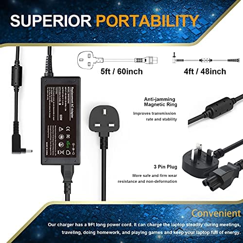 65W AC Laptop Charger Compatible with Acer Chromebook 15 14 13 11 R11 C720 C720P C810 C910 CB3 CB3-111 CB3-131 CB3-132 CB3-431 CB3-531 CB3-532 CB5 TravelMate B117 B118 Aspire 1 Computer Power Cord