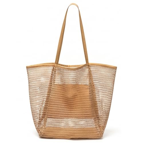 WuliTown Mesh Beach Tote Womens Shoulder Handbag,Elegant Beach Tote Bag,Stylish and Lightweight Summer Essential (Tan)