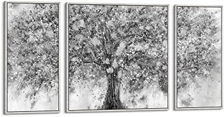 Abstract Canvas Framed Wall Art: Large 3 Pieces Black Gray Blooming Tree Painting Modern Landscape Picture Prints Glitter Silver Foil Artwork Contemporary Grey Forest Hand Painted for Living Room