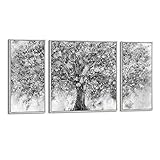 Abstract Canvas Framed Wall Art: Large 3 Pieces Black Gray Blooming Tree Painting Modern Landscape P