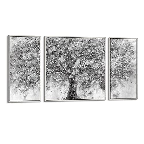 Abstract Canvas Framed Wall Art: Large 3 Pieces Black Gray Blooming Tree Painting Modern Landscape Picture Prints Glitter Silver Foil Artwork Contemporary Grey Forest Hand Painted For Living Room #TOP2